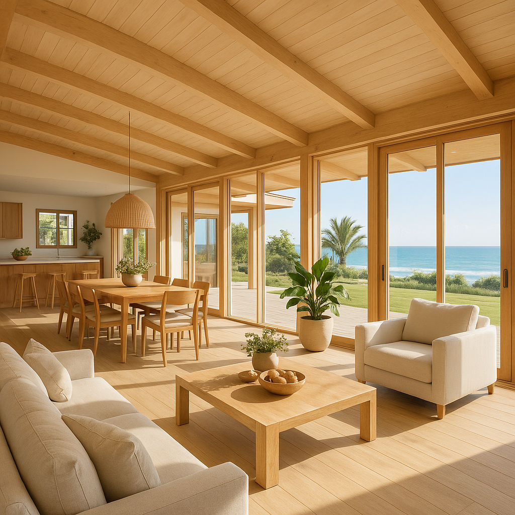 Bright open interior with natural wood and glass