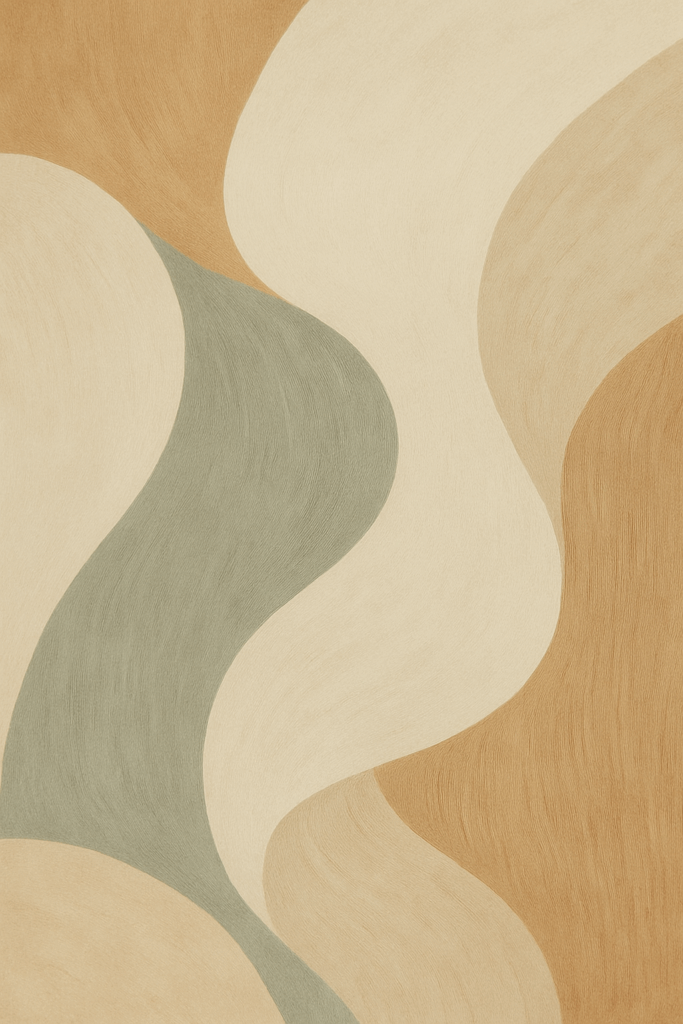 Abstract wavy artwork with earthy greens and beiges representing natural materials and eco-friendly design trends