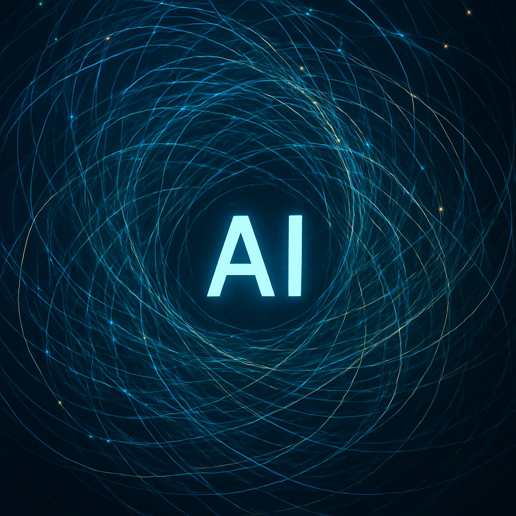 Abstract digital artwork symbolizing artificial intelligence with swirling blue and purple lines