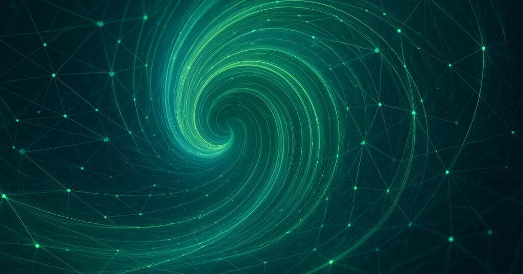 Abstract digital artwork with swirling blue and green patterns and glowing network lines representing connectivity, sustainability and immersive experiences.