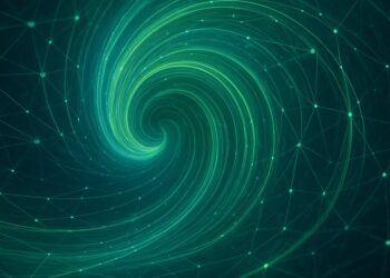 Abstract digital artwork with swirling blue and green patterns and glowing network lines representing connectivity, sustainability and immersive experiences.