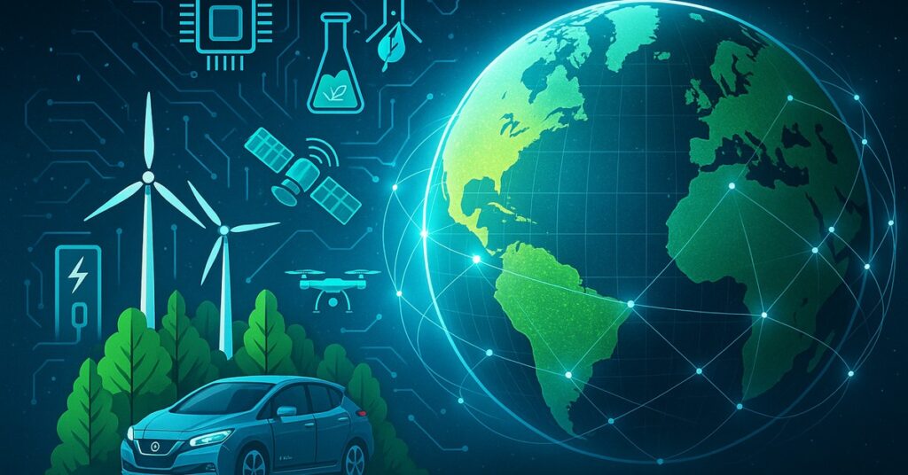 Abstract digital artwork with blue and green lines representing technology and sustainability convergence