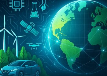 Abstract digital artwork with blue and green lines representing technology and sustainability convergence