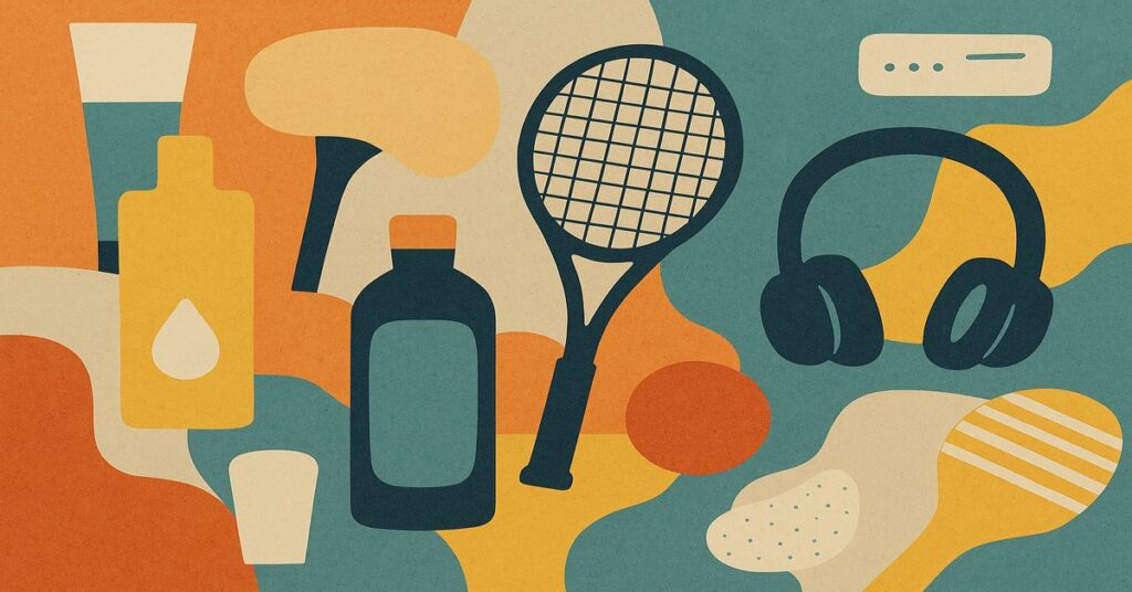 Abstract collage of skincare bottles, sports gear, gaming headset and chocolate shapes representing 2025 trending products like bakuchiol serums, toe spacers, padel rackets and more