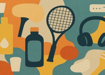 Abstract collage of skincare bottles, sports gear, gaming headset and chocolate shapes representing 2025 trending products like bakuchiol serums, toe spacers, padel rackets and more
