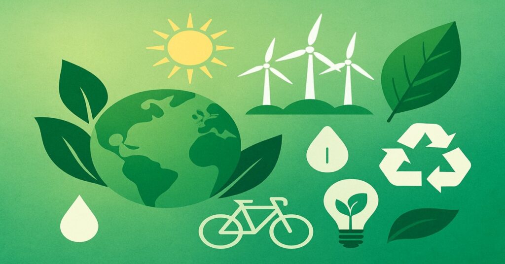 Abstract green and blue artwork symbolizing sustainable living with flowing organic shapes and hints of renewable energy