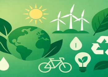 Abstract green and blue artwork symbolizing sustainable living with flowing organic shapes and hints of renewable energy