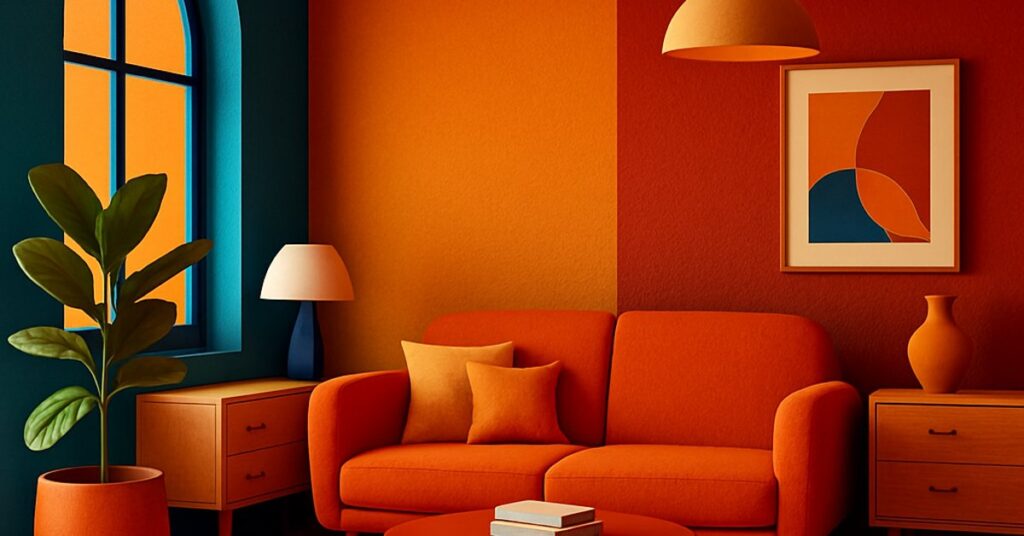 Vibrant living room with teal and orange hues, modern furniture and curved shapes representing 2025 interior design trends like bold colours and sustainable style.