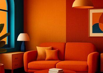 Vibrant living room with teal and orange hues, modern furniture and curved shapes representing 2025 interior design trends like bold colours and sustainable style.