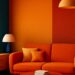 Vibrant living room with teal and orange hues, modern furniture and curved shapes representing 2025 interior design trends like bold colours and sustainable style.