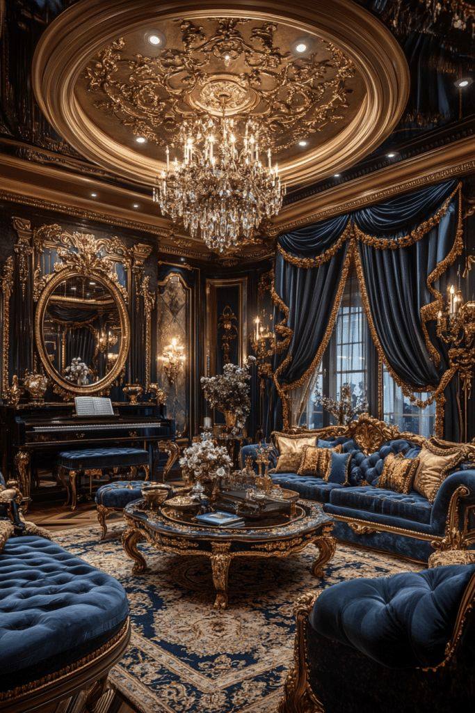 Blue classic living room with gold decor 2025 trend