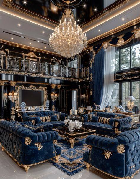 Luxury classic living room in blue tones with chandelier