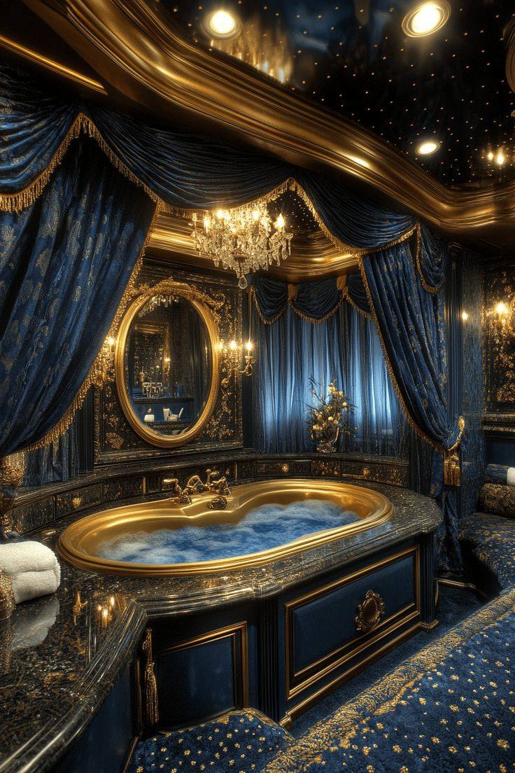 Blue and gold luxury bathroom with marble flooring