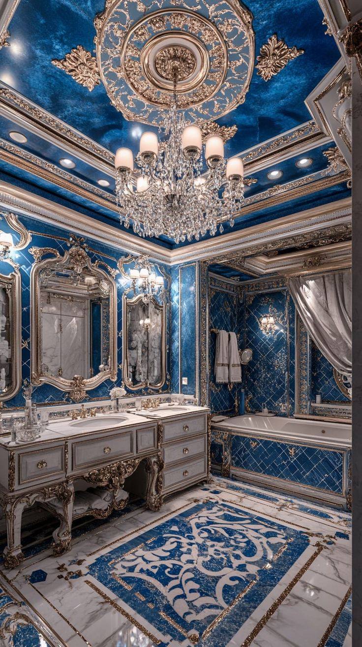 Elegant navy bathroom with golden taps and mirrors