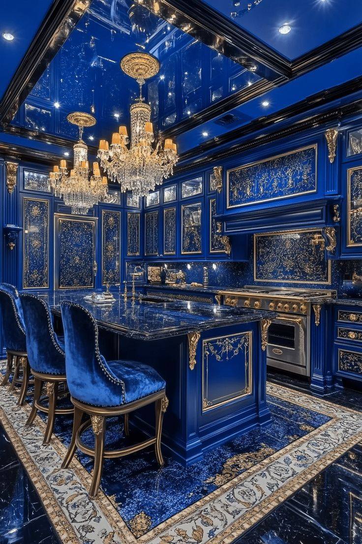 Classic blue kitchen with gold handles and luxury design