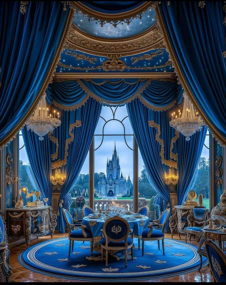 Blue dining room with golden chandelier and velvet chairs