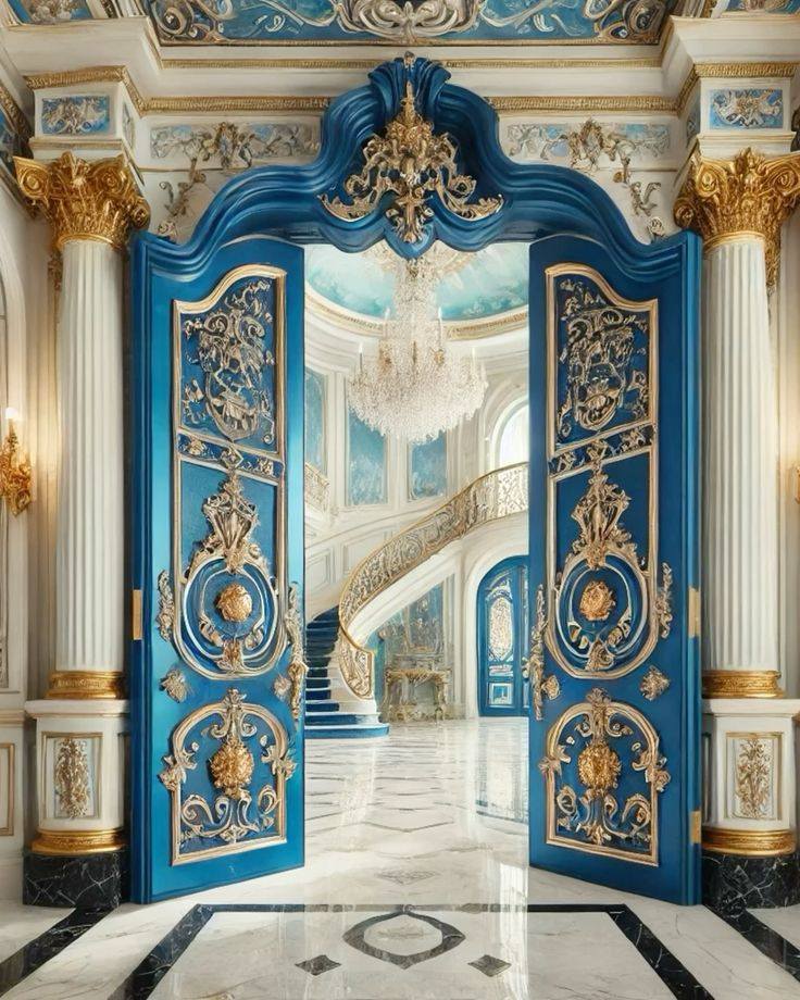 Royal blue door with golden carvings in a classic home