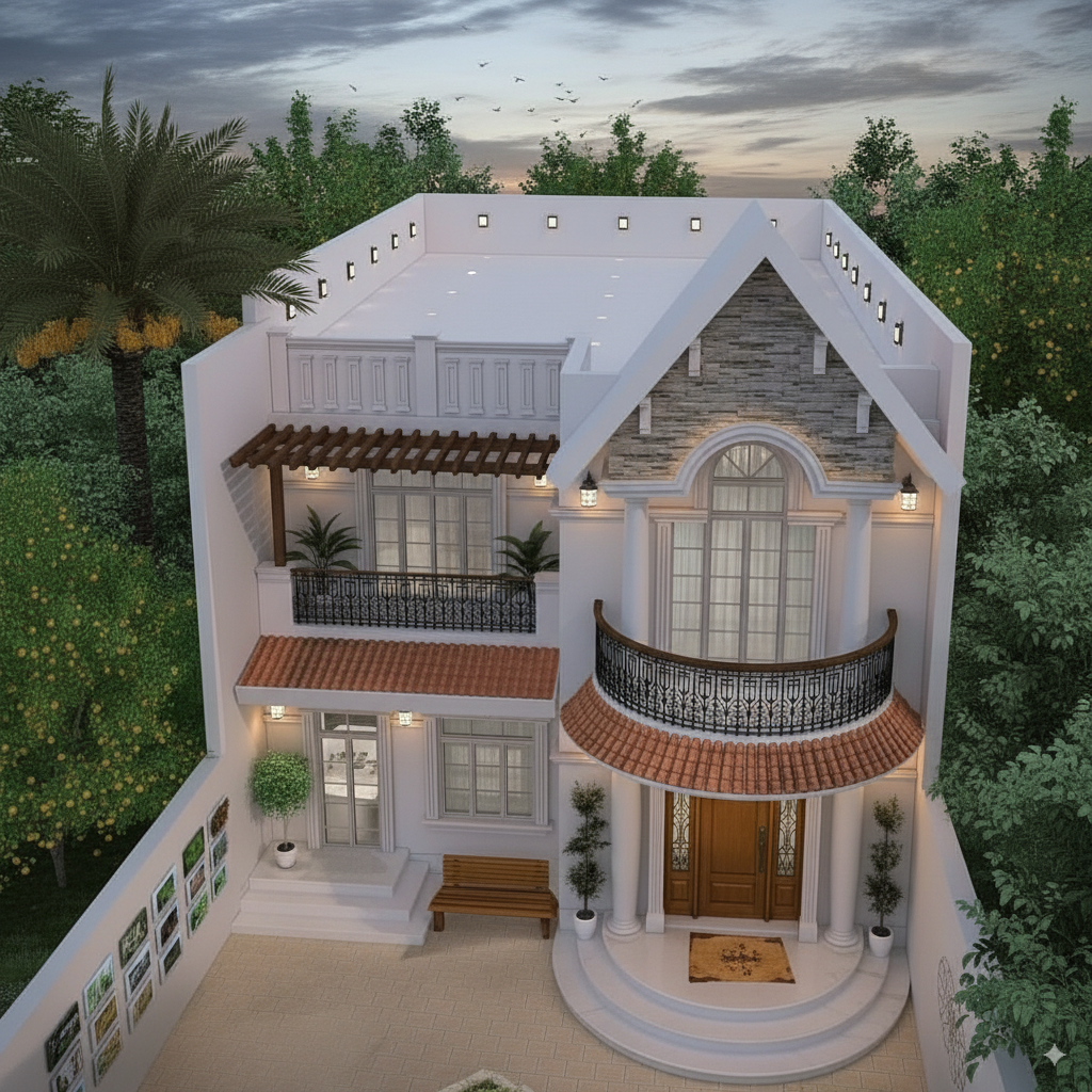 Aerial view of neo-classic villa with rooftop terrace, even parapet lights, and landscaped front courtyard