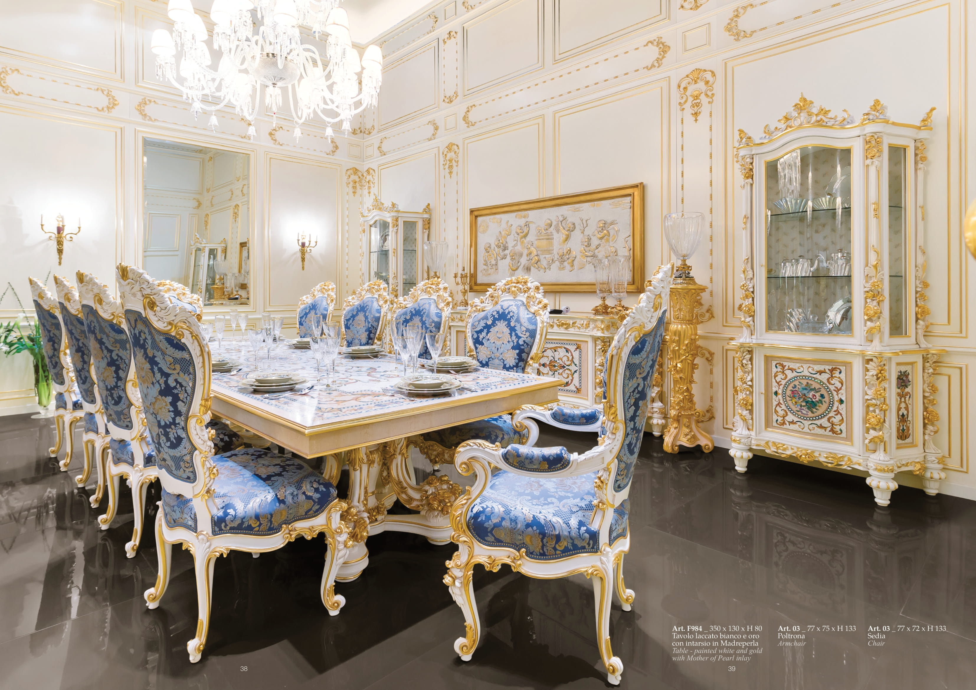 Royal dining room in blue and gold designed by Bazzi Interiors
