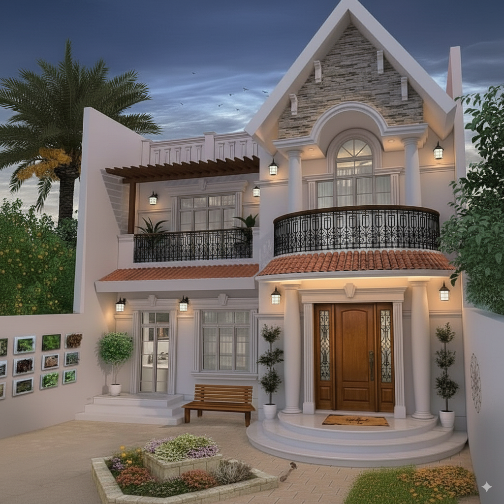 Classic house exterior close-up with arched window and black wrought-iron balcony over terracotta roof canopy
