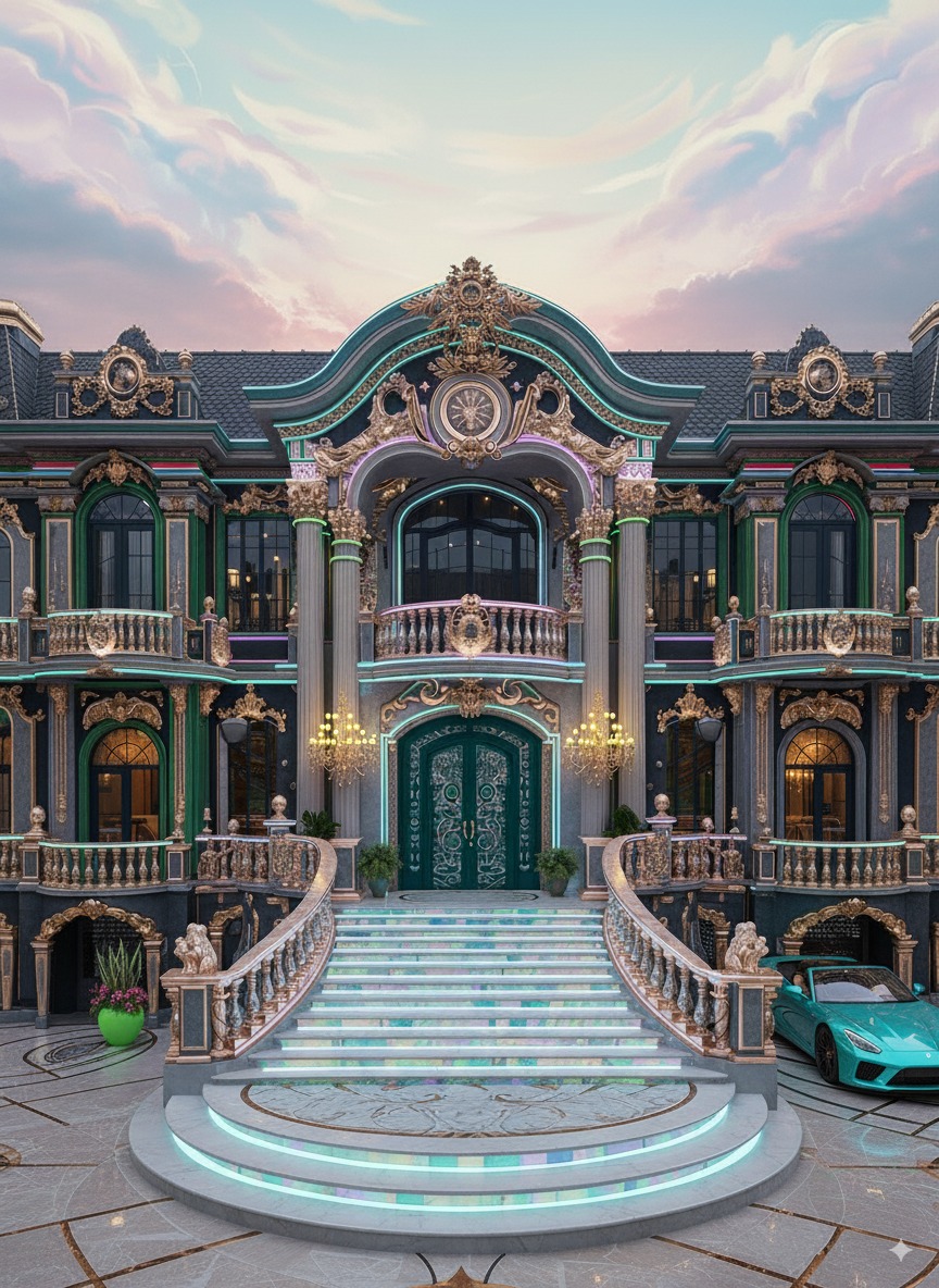 Close front elevation of palace showing emerald doors, twin chandeliers, and curved balustrades