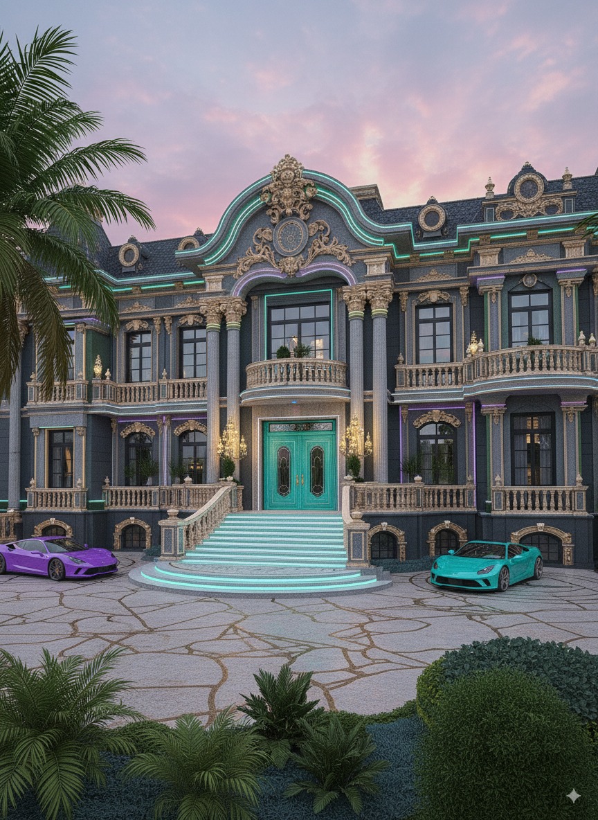 Wide view of neo-classic mansion with teal double doors, gilded cornices, and balanced symmetry