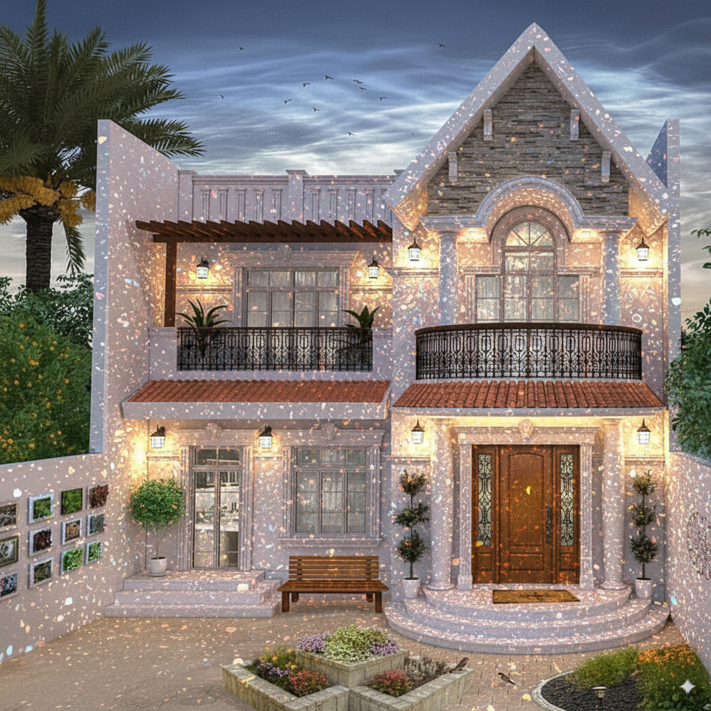 Crystal villa with transparent sparkling architecture glowing at sunset