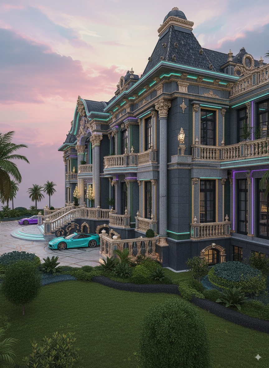 Side perspective of classic villa showing layered cornices, balconies, and landscaped forecourt