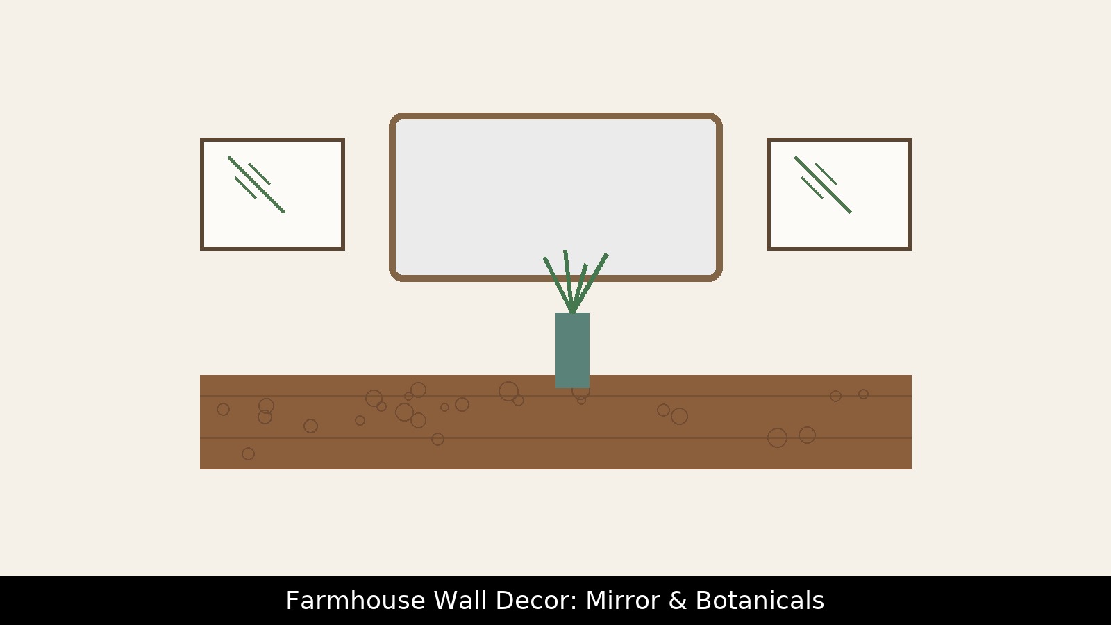 Farmhouse wall decor vignette with framed botanical prints, aged mirror, and console with greenery