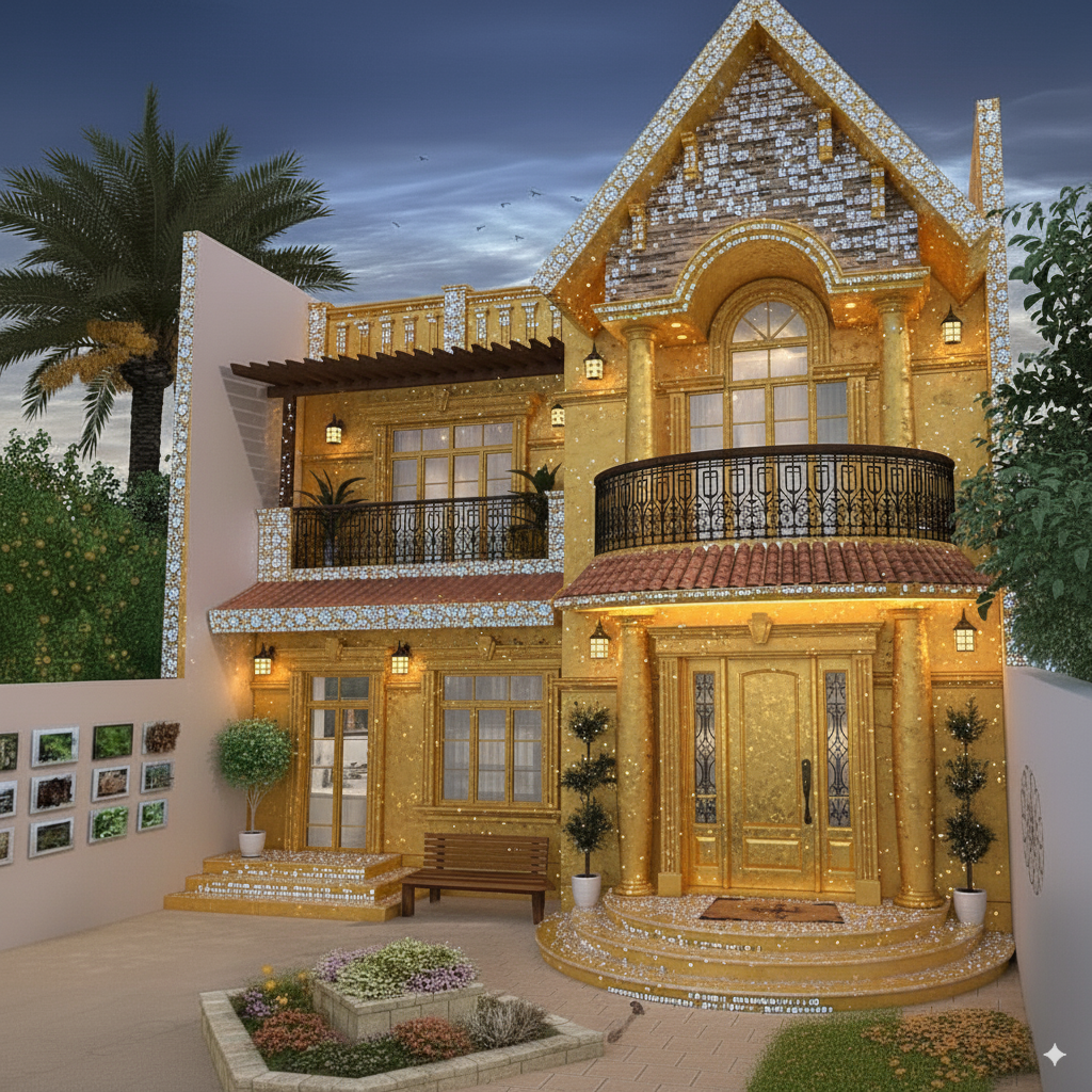 Golden villa encrusted with diamonds shining in the sunlight