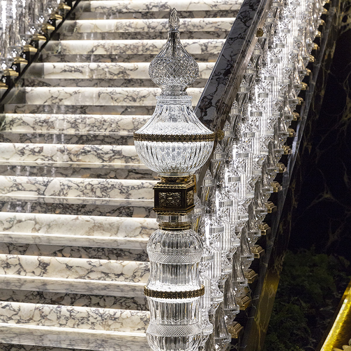 Grand marble staircase with crystal railings