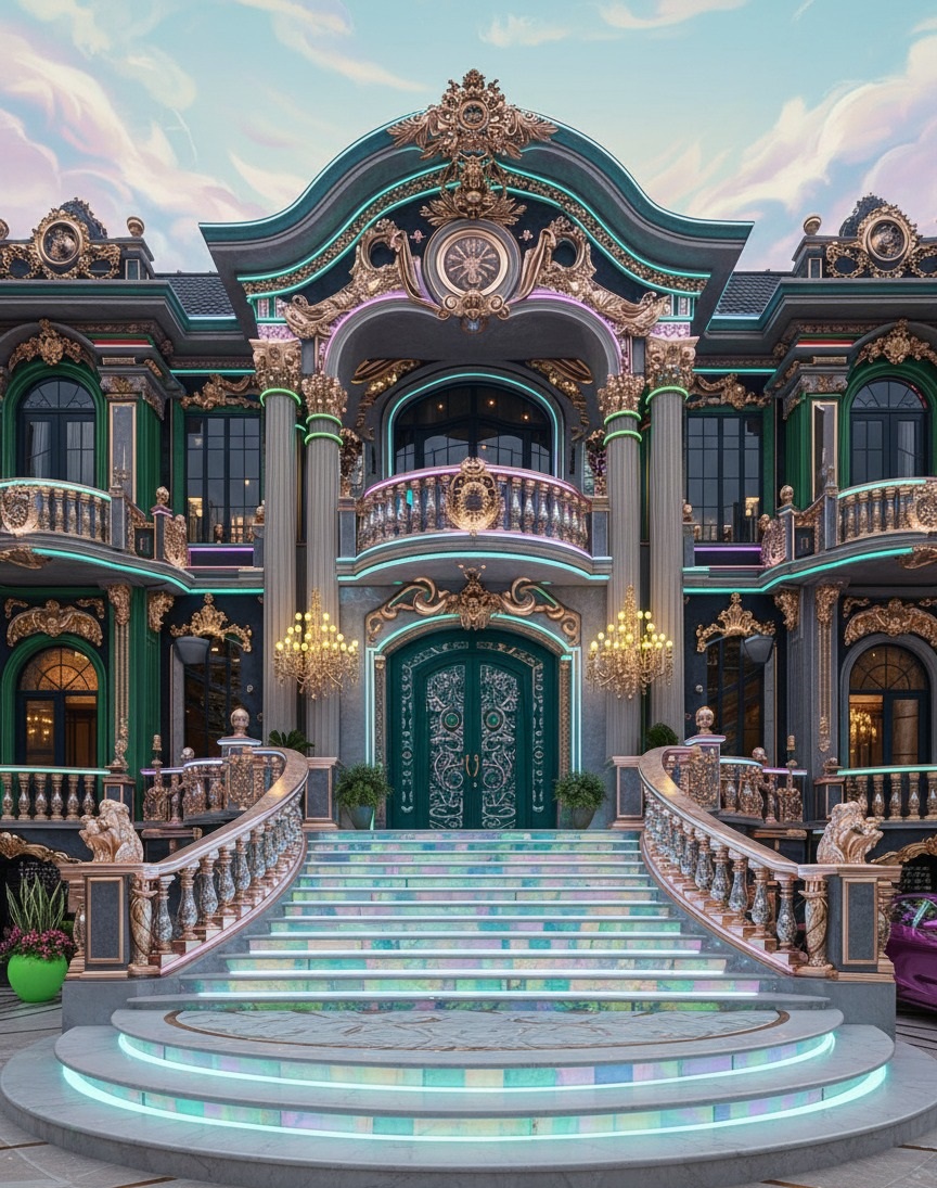 Neo-classic palace entrance with luminous marble steps, emerald doors, and gilded ornaments