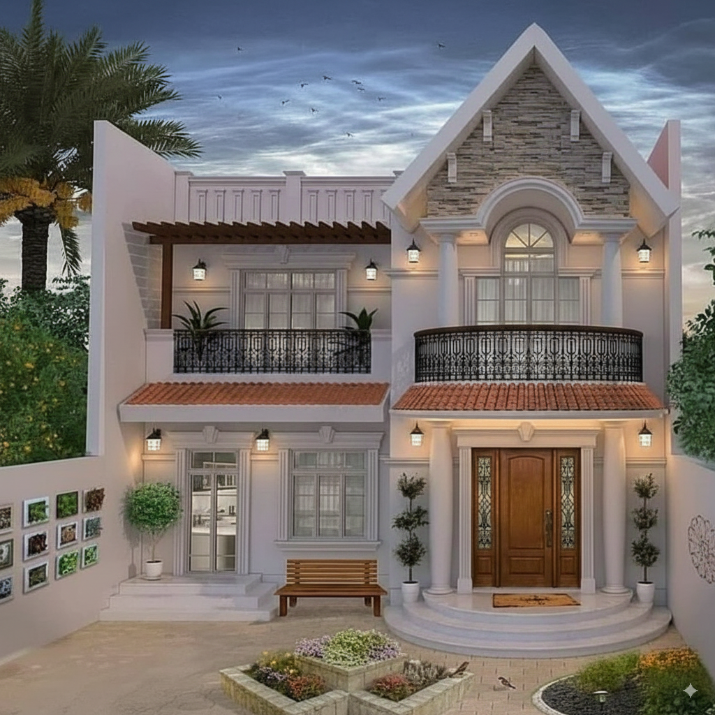 Neo-classic villa front elevation with curved wrought-iron balcony, terracotta roof tiles, round steps and warm wall lights