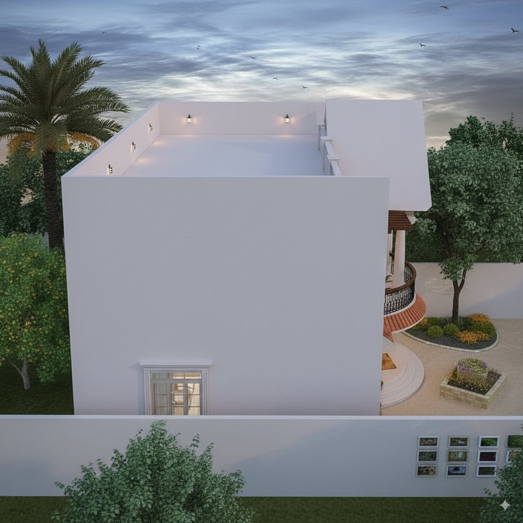 Neo-classic villa side elevation showing rooftop terrace, privacy wall lights, and clean parapet lines