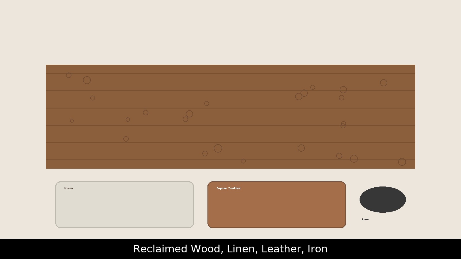 Reclaimed wood coffee table with linen sofa and cognac leather textures plus blackened iron detail