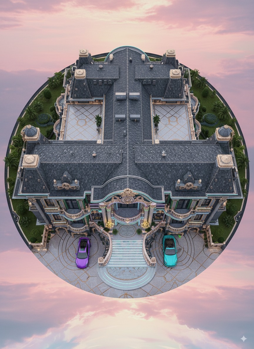 Aerial view of classic villa roof showing symmetrical massing and circular arrival court